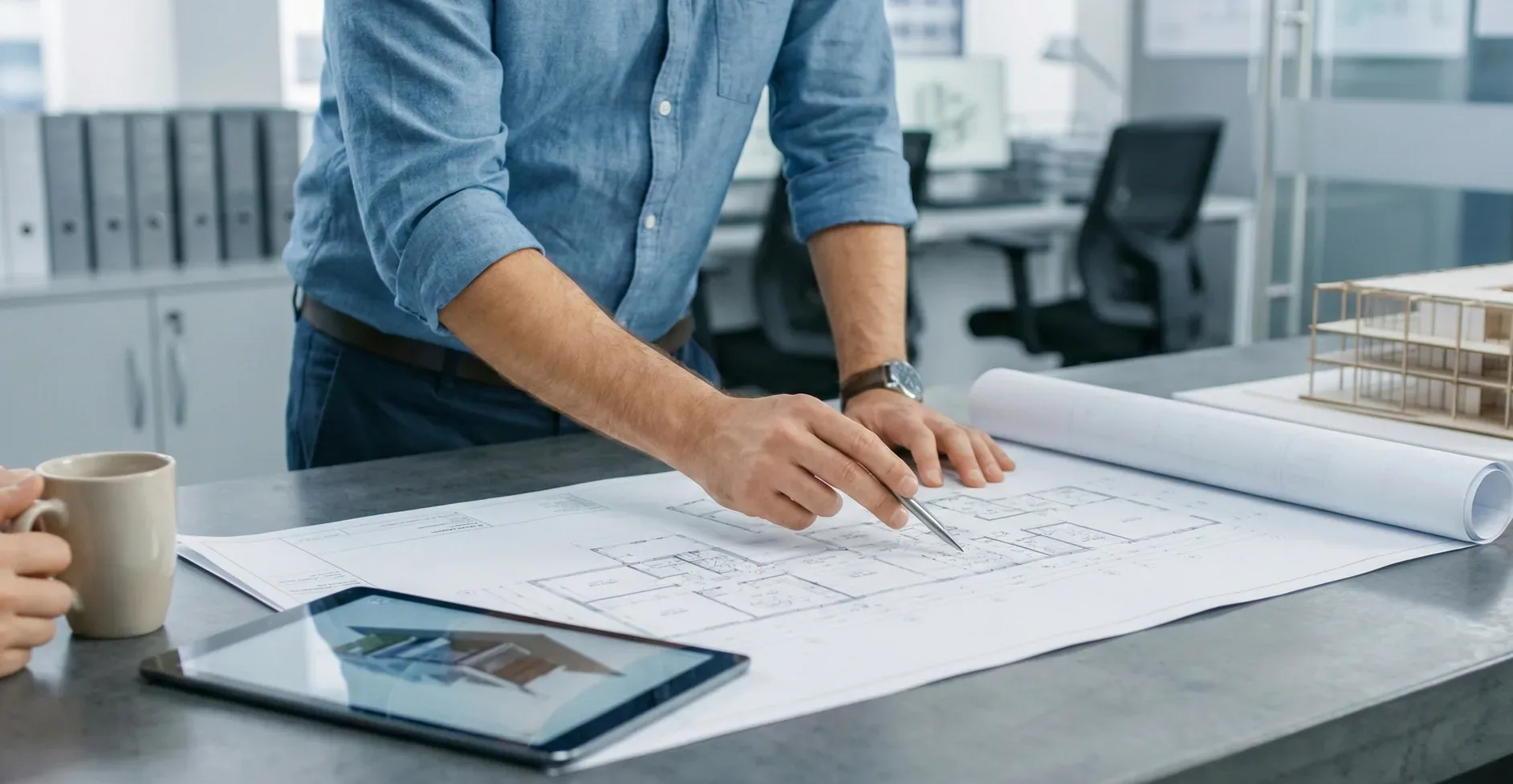 Engineer reviewing structural blueprints at desk